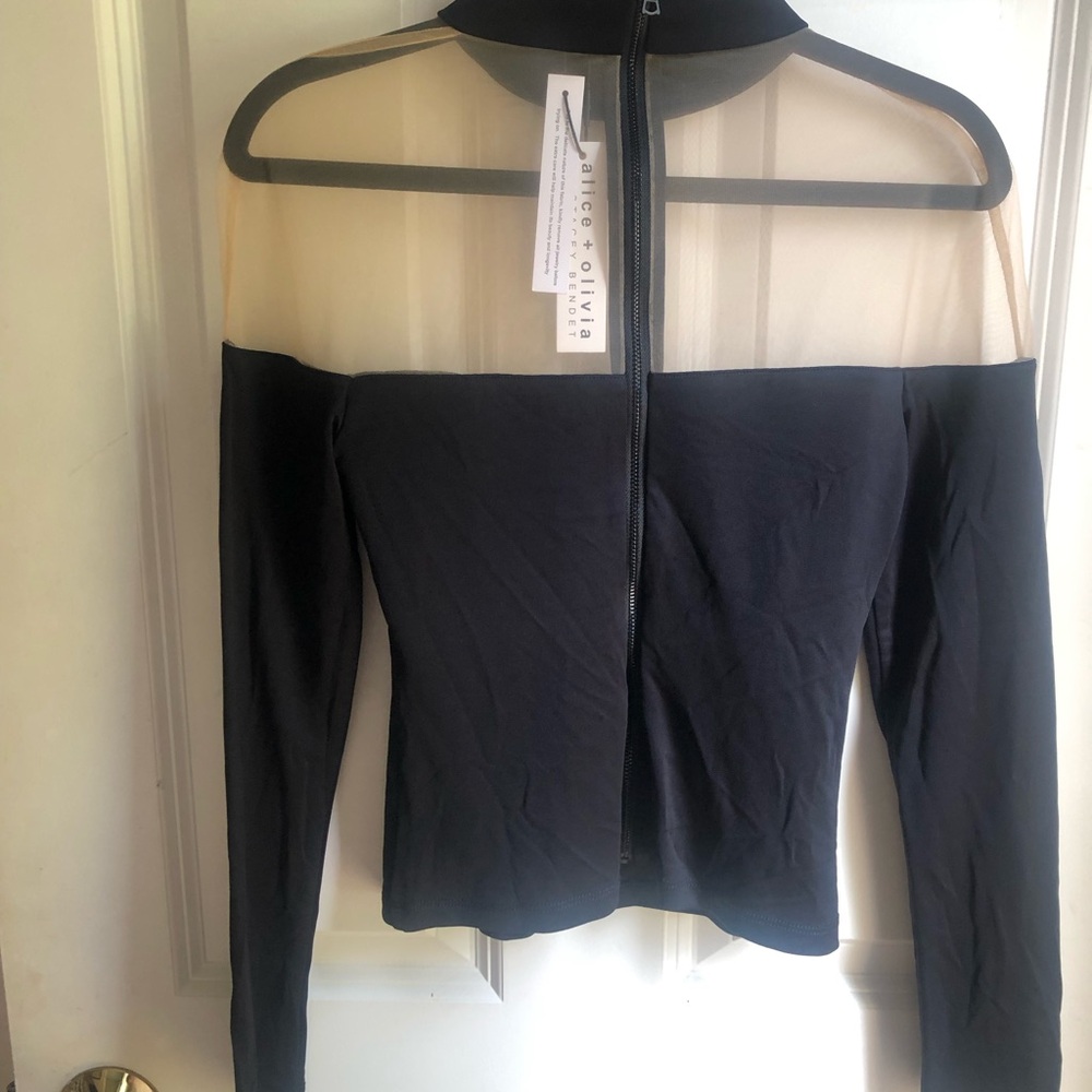 Alice + Olivia Black and Cream Sheer Panel Blouse